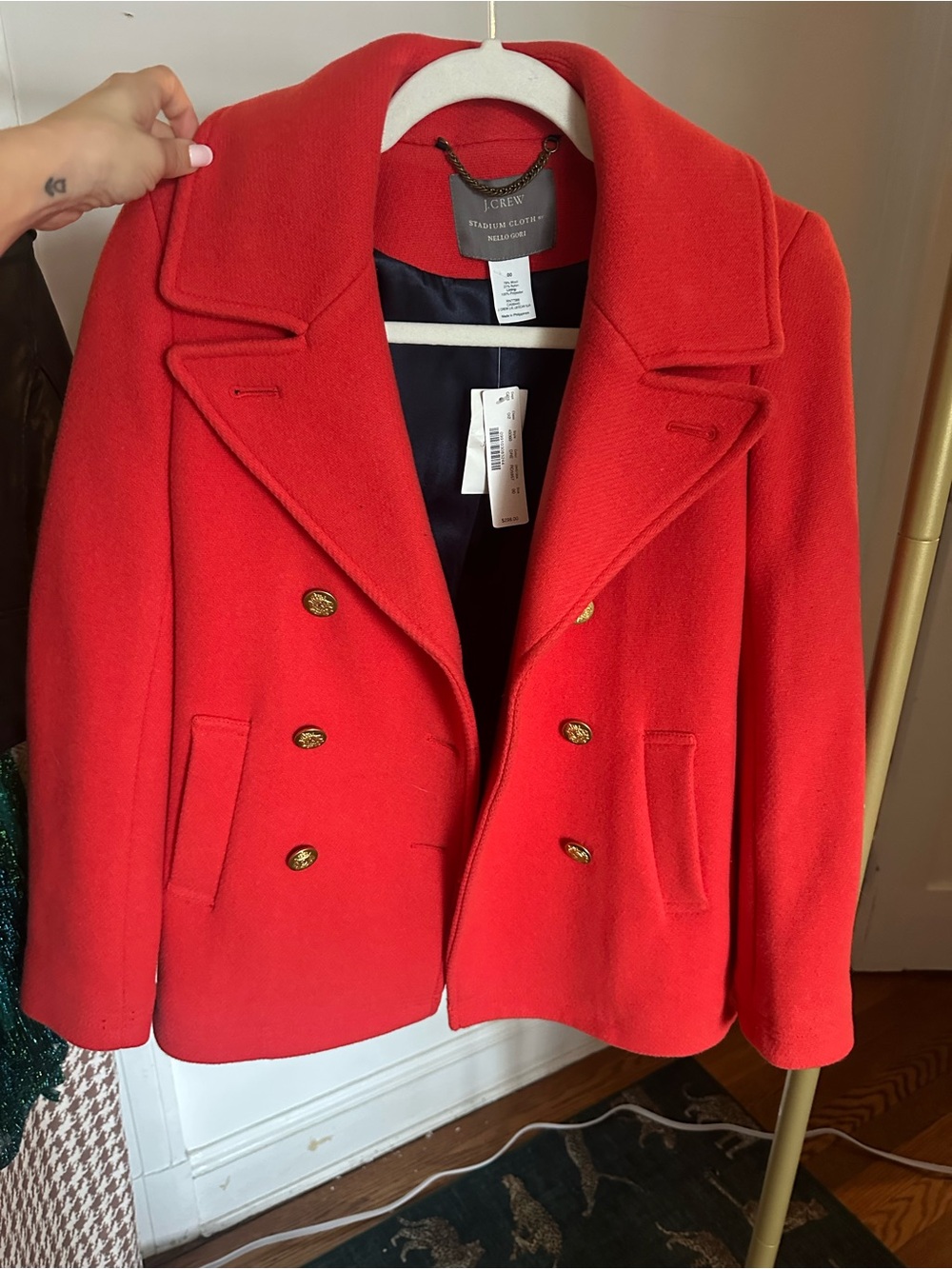 J. Crew Red Double-Breasted Wool Peacoat with Gold Buttons